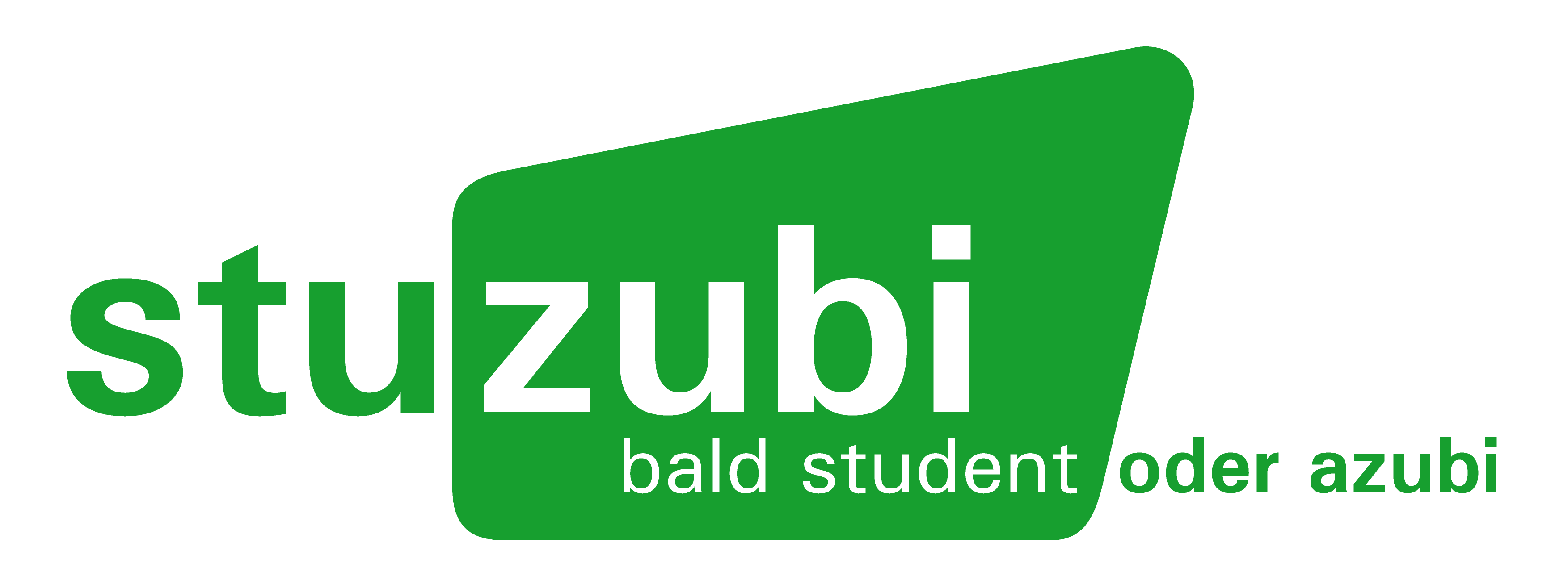 Logo von "stuzubi" in grüner Schrift, mit den Worten "bald student oder azubi". Es enthält geometrische Formen und hat einen modernen, klaren Designstil.