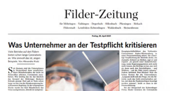 Die Filder-Zeitung berichtet zur Testpflicht in Unternehmen