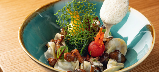 碗中盛有各式食材,包括饺子、蘑菇、蔬菜和装饰性的泡沫,颜色丰富,呈现出独特的美感。